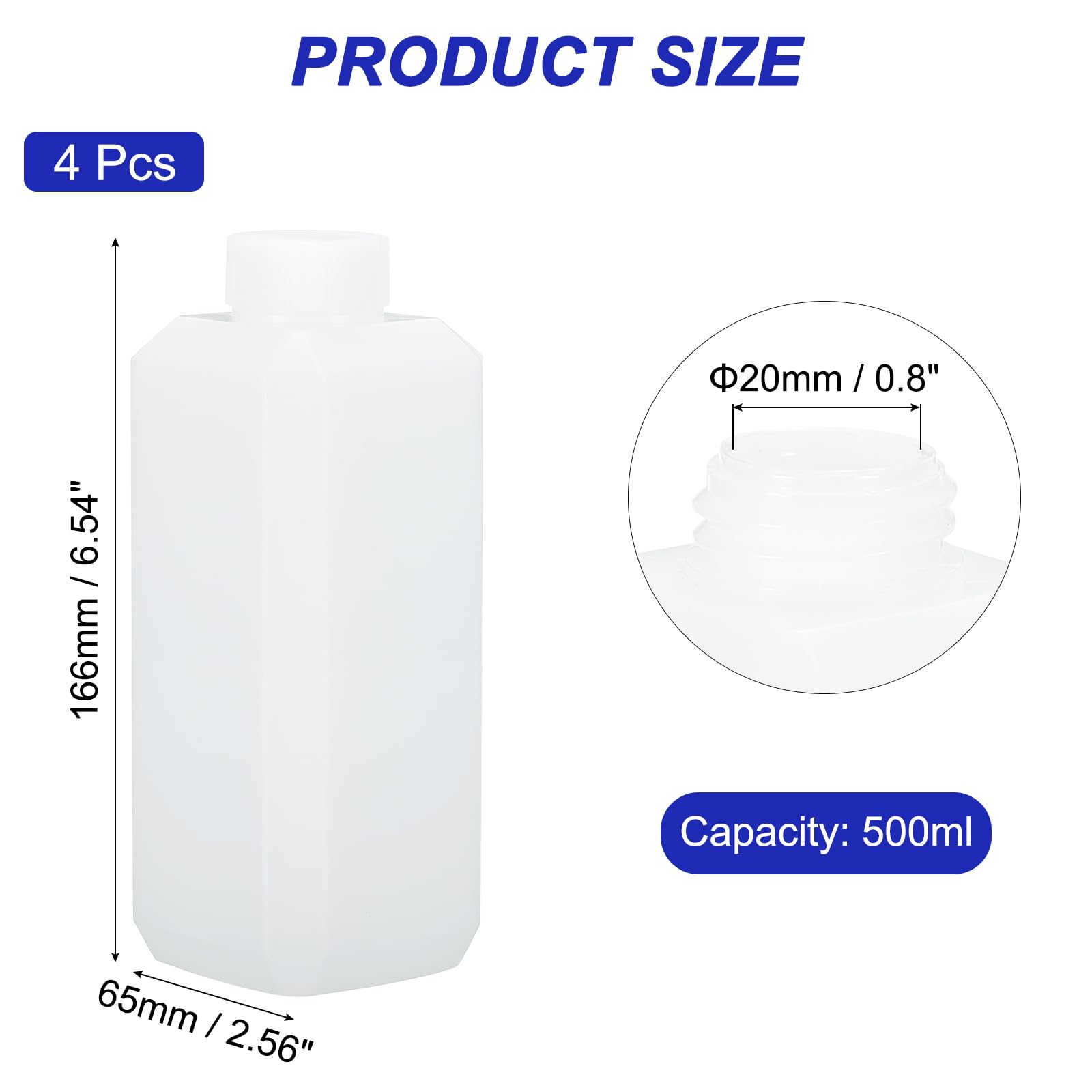 PATIKIL Reagent Bottles, 4 Pcs 500ml HDPE Narrow Mouth Square Sample Storage Container with Inner Ring Cover for Lab Water Reagent Liquids Solid Sample Storage Seal, Translucent White