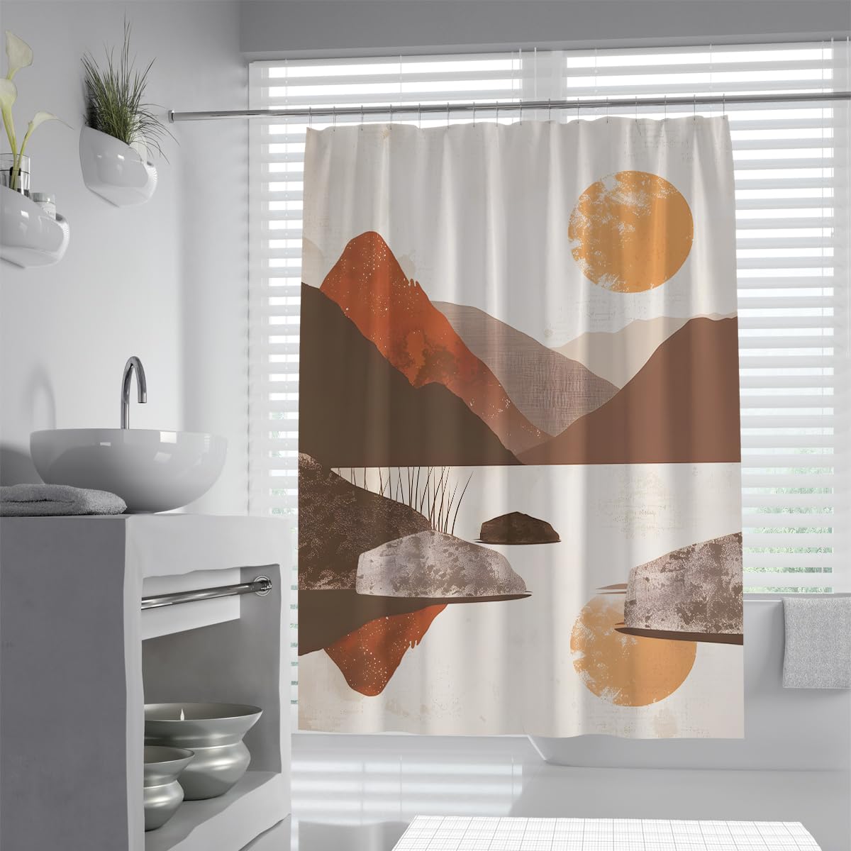 UIRINGART Landscape Shower Curtain W120xL200cm Terracotta Mountain Yellow Sun Art Mildew Resistant Machine Washable Polyester Fabric Lightweight Bathroom Curtains