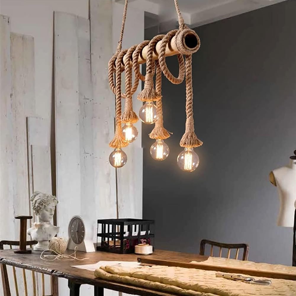 talifoca 80+80cm Lampadario Corda Canapa Lampada a Soffitto Industriale Vintage Corda Appesa di