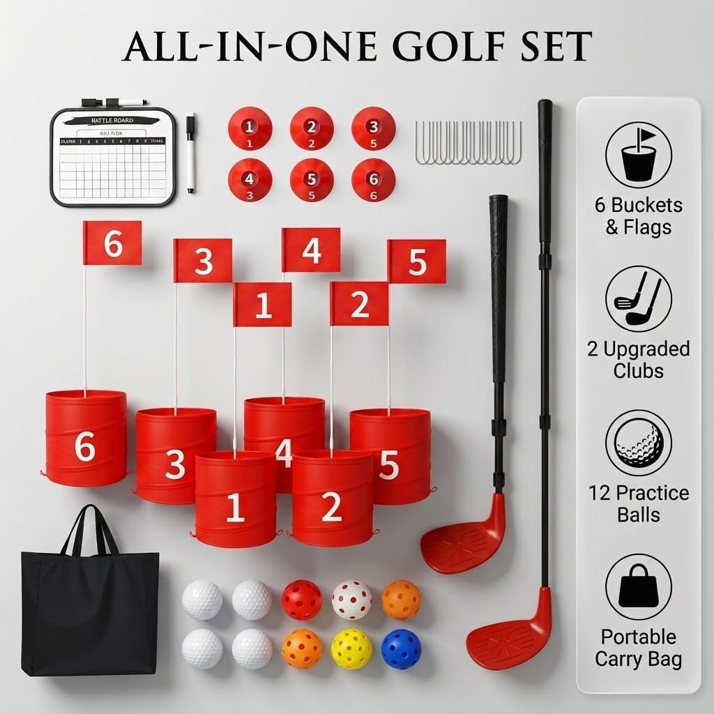 Premium Backyard Golf Game Set – Ultimate 6-Hole Outdoor Course with 2 Upgraded Adjustable Clubs, 12 Practice Balls & Carry Bag – Fun Lawn & Tailgate Games for Adults, Family, Camping