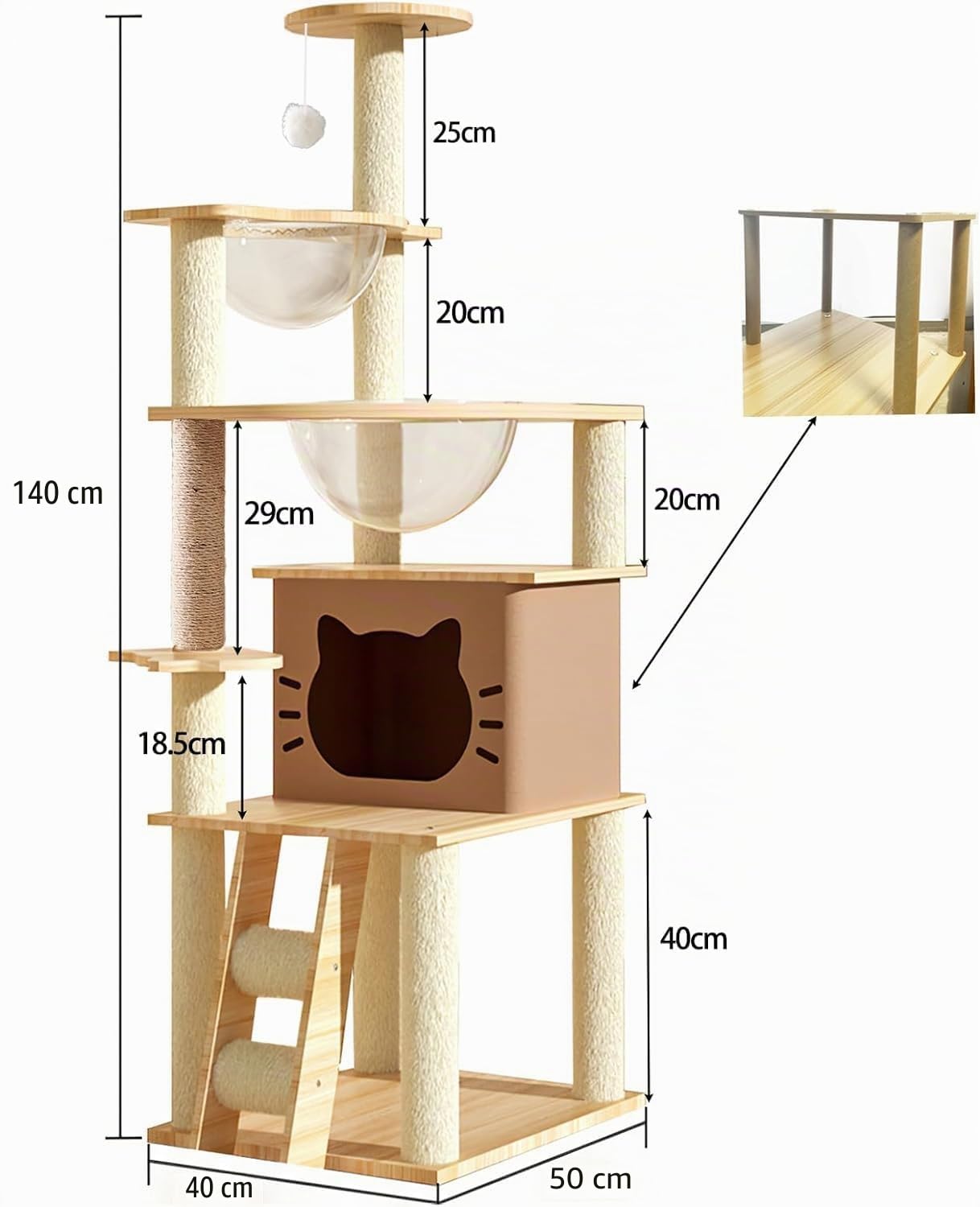 Árbol para gatos de interior de 145 cm, condominio de varios niveles con 2 cuencos, 1 casa, 2 perchas, 1 escalera, 1 pompones, peso de carga de 15 kg, árbol de madera para gatos (beige N3)