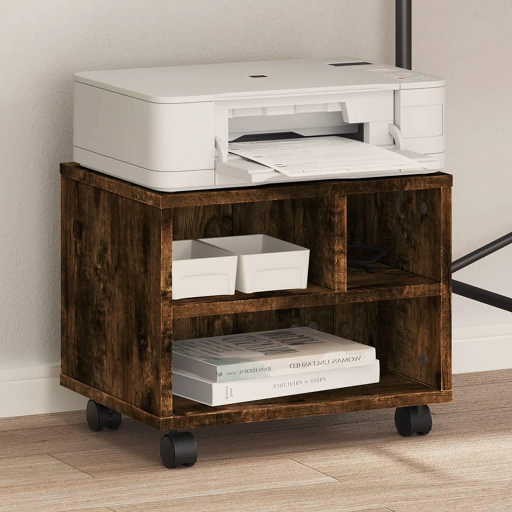 Druckerständer mit Rollen aus Räuchereiche Holzwerkstoff 41x32x34,5 cm mobiler Druckerwagen mit Ablage und Organizer für Büro, Homeoffice, Arbeitszimmer, platzsparend und stabil