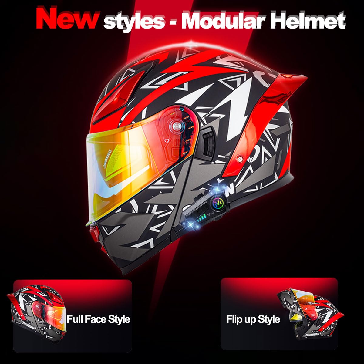 Motorradhelm Klapphelm mit Bluetooth, ECE Zertifiziert Integralhelm mit Doppelvisier, mit Eingebautem Mikrofon für Automatische Reaktion, für Erwachsene Frauen Männer (21.6-24.4in)