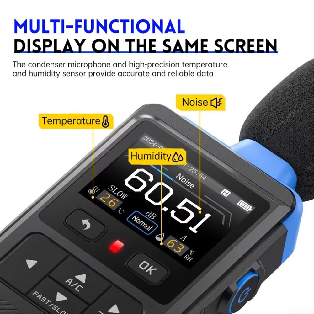 Decibel Meter, FDM-02 Tester digitale del rumore 30-130dB con schermo TFT da 2 pollici Display di umidità della temperatura per la misurazione del suono