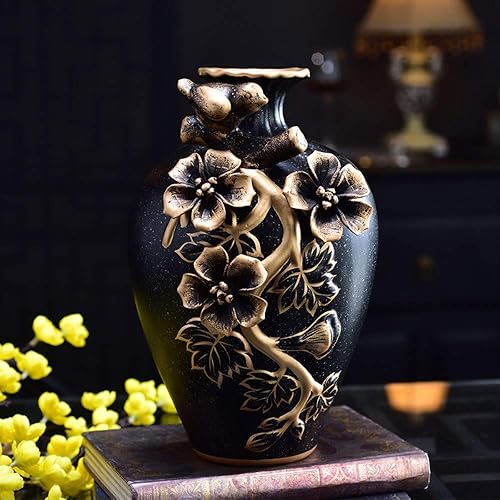Miniatura 3 de NEWQZ Juego de 3 jarrones de cerámica decorativos clásicos para decoración del hogar, con decoración de flores 3D (negro)