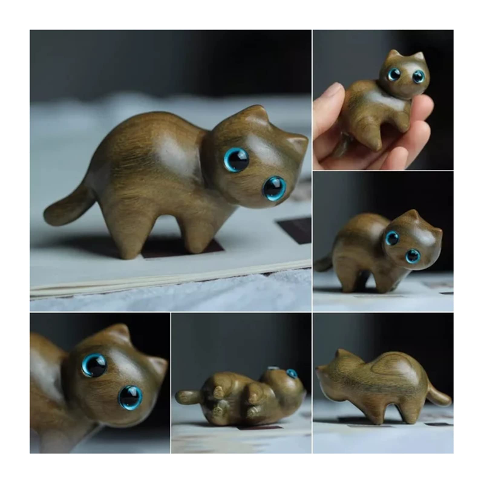 YKLWORLD Sandalwood Hand Carved Wooden Cat Statue - Handmade Kitten Pet Memorial Desktop Decoration Ornaments Cat Toy Gift (F)