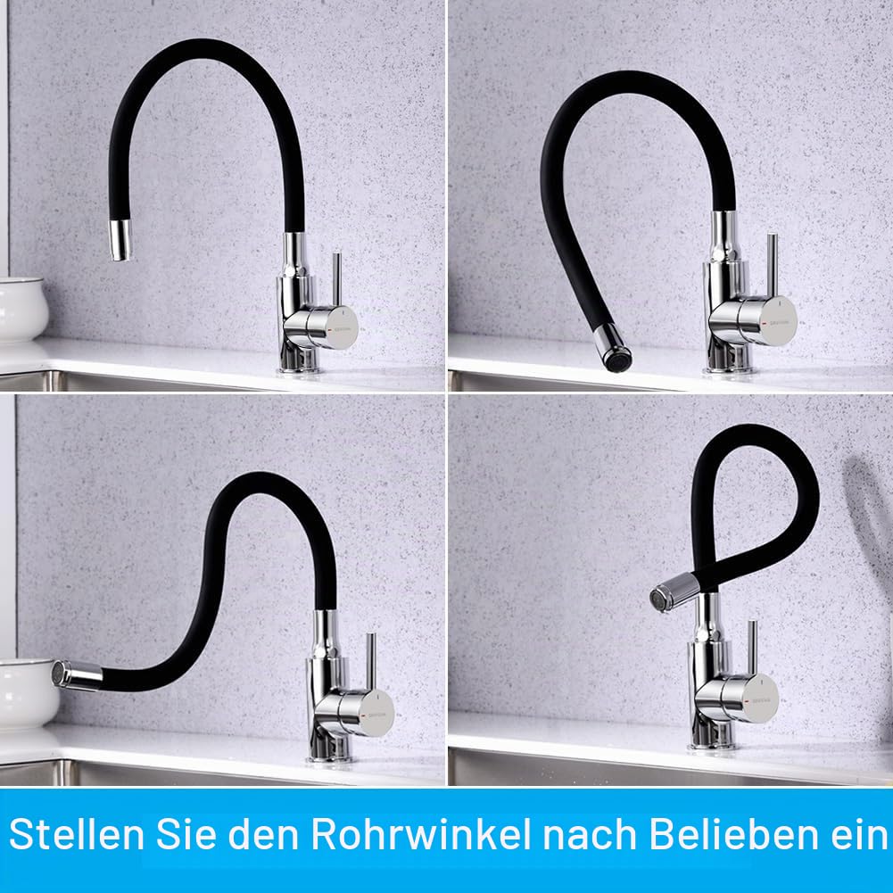 Wasserhahn Küche, Flexible Küchenarmatur, GRIFEMA Soft-Touch Silikonschlauch, 360° Drehbar Spültischarmatur Hochdruck Mischbatterie, Wasserspar- & Energiesparfunktion, Edelstahl, Schwarz-G4002-2
