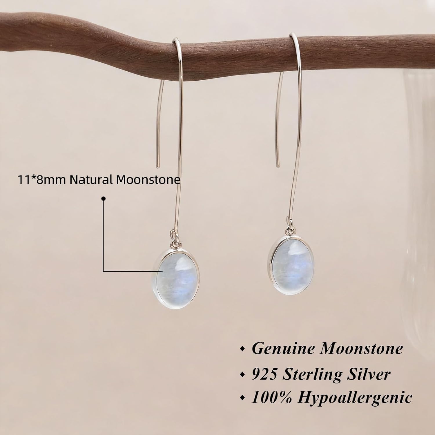 Genuine Moonstone/Black Onyx Dangle Earring for Women 925 Sterling Silver Real Gemstone Long Dangle Earring - Image 2