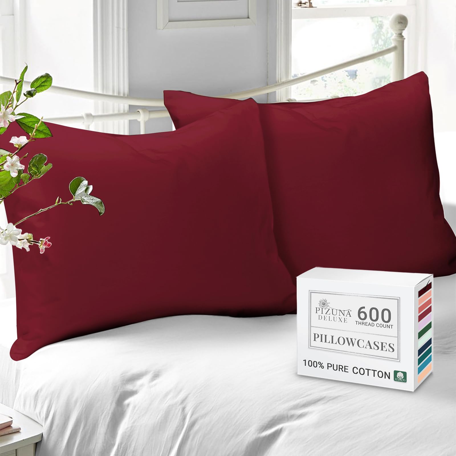 Pizuna Cotton Percale Pillow Cases 2 Pack 48x74 Rio Red 100% Long Staple