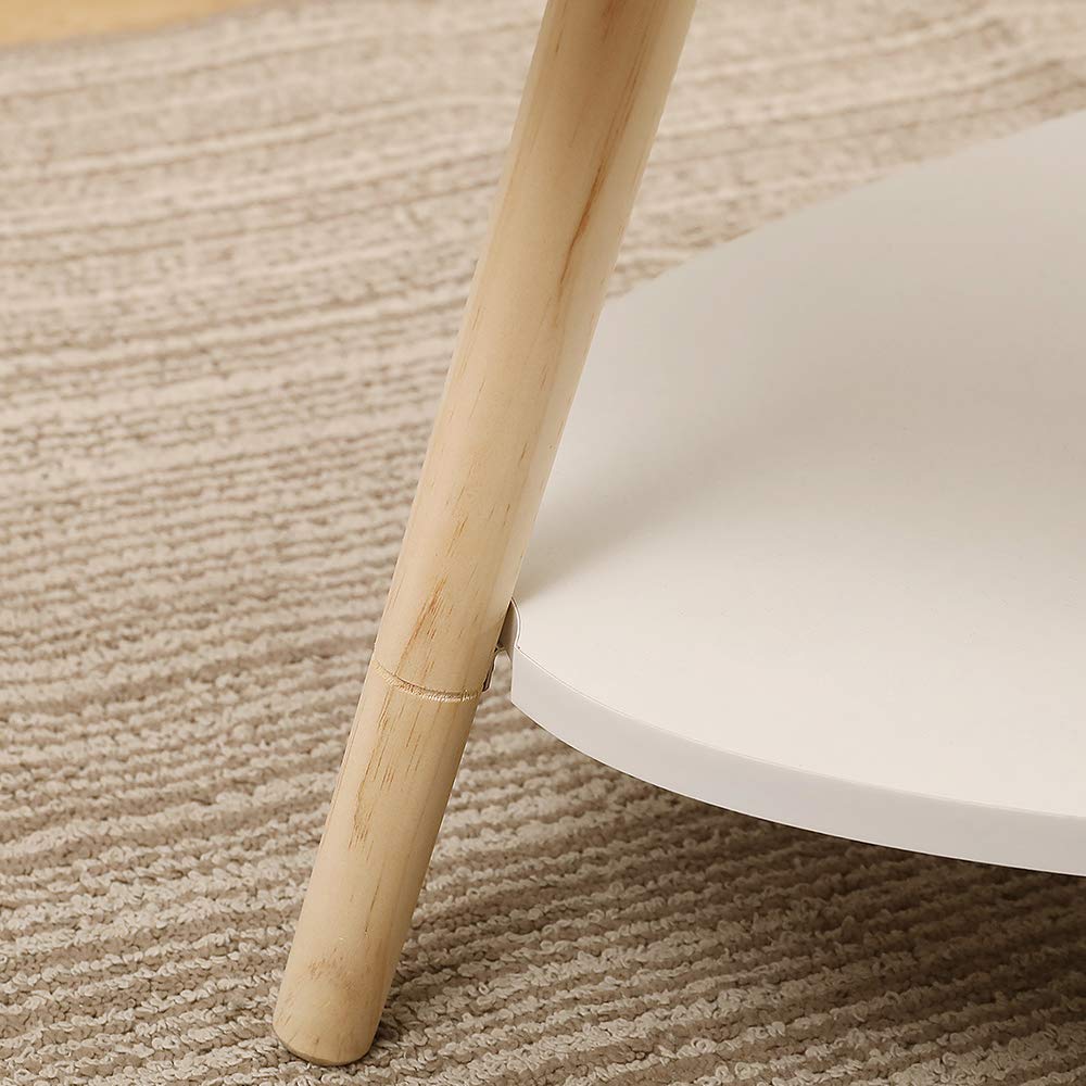 Ovaler Beistelltisch, Zweischichtiger Couchtisch mit Holzbeinen, Weiß 90 * 60 * 40cm | Platzsparender Beistelltisch im Skandinavischen Design