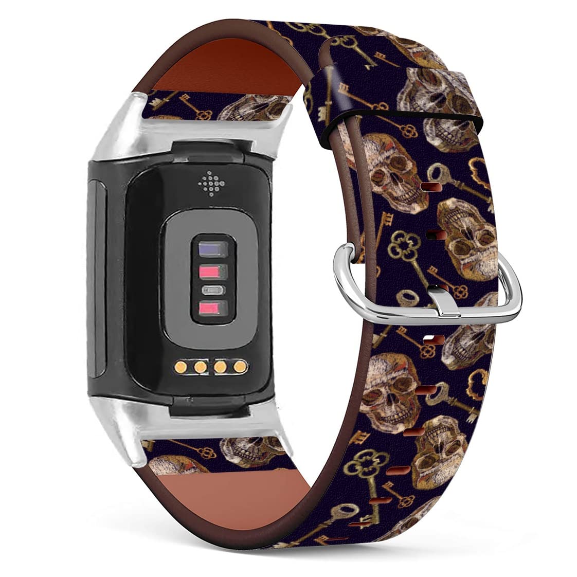 MINGDAO Compatible with Fitbit Charge 5 , Patterned Leather Replacement Band , (Skulls And Golden Keys)