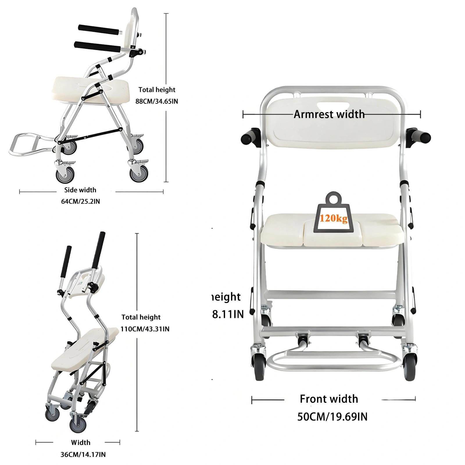 Silla Ducha WC con Ruedas para Personas Mayores, 3 en 1 Taburete de Ducha Plegable con Pies Abatibles, Silla Baño Ancianos Ducha con ReposabrazosCarga, Máxima 120kg