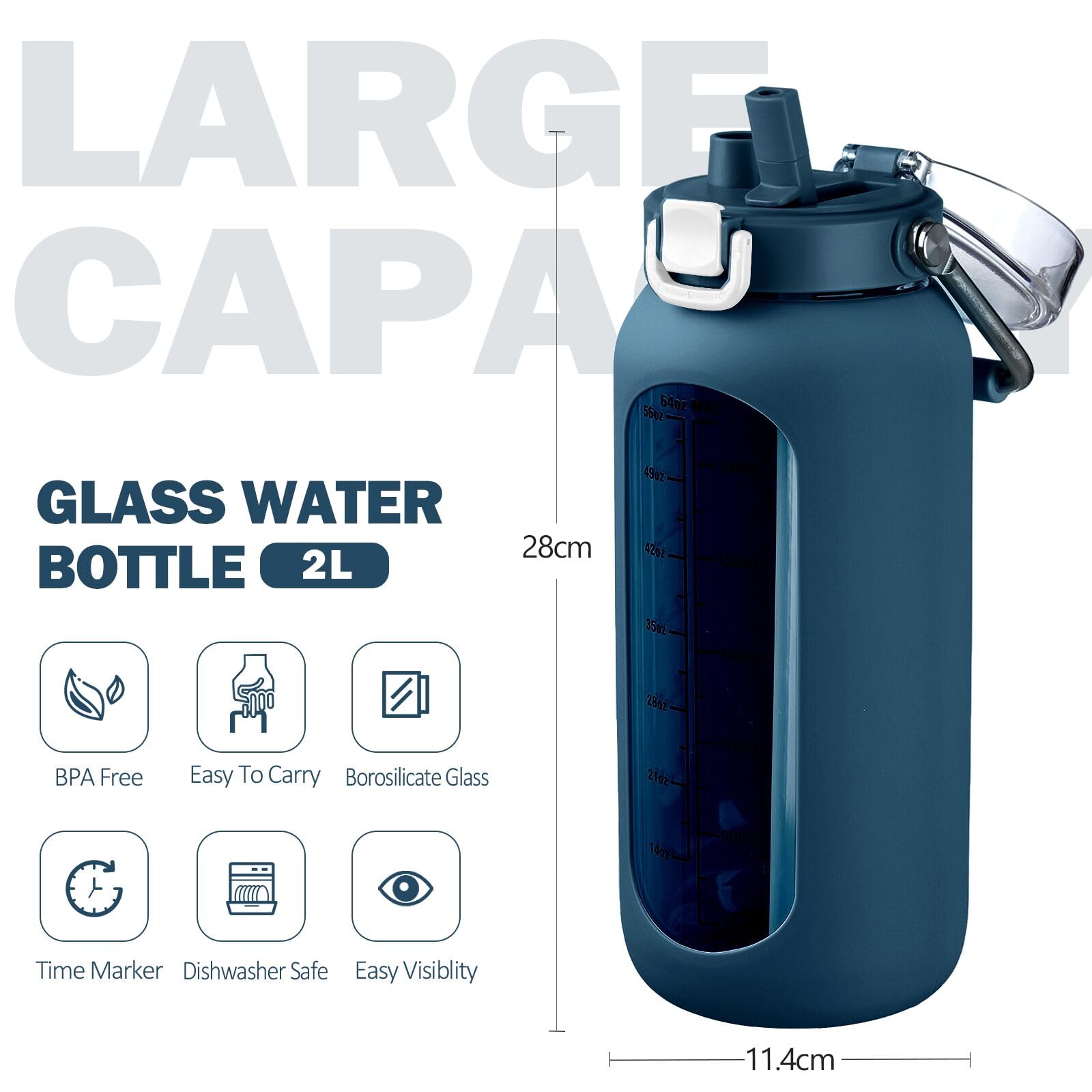 BLUEGO 2L Bottiglia d'acqua in vetro con manico in acciaio inox, manicotto in silicone e cannuccia per palestra, ufficio e sport all'aperto, senza BPA, Blu scuro