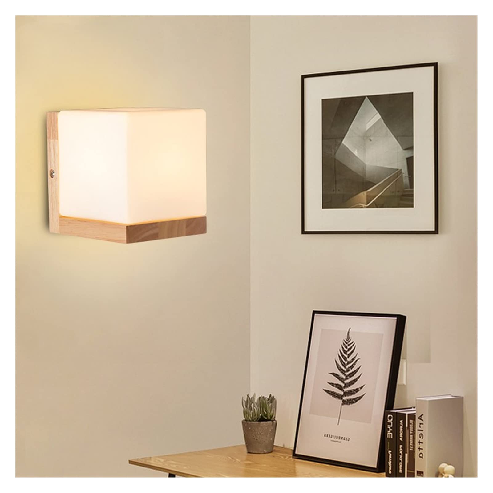 VDOQTLJT Wall lamp Modern Lamps Wood Body Glass Lampshade Home Lights Compatible with Study Room Bedroom Bedside Aisle Corridor Balcony Lighting AC90 110V Chandeliers(B 12x14x14cm,Warm White)