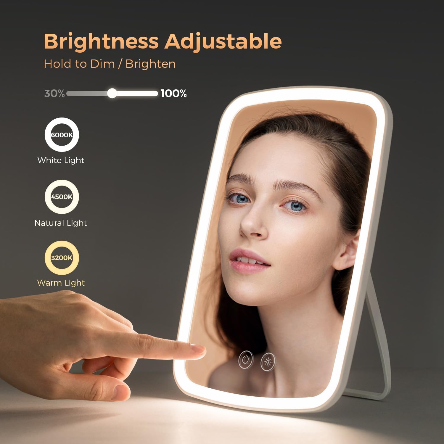 Lighted Makeup Mirror, Portable Mirror with Lights, 1500mAh Rechargeable Vanity Mirror with 3 Colors and Brightness Adjustable - Image 2
