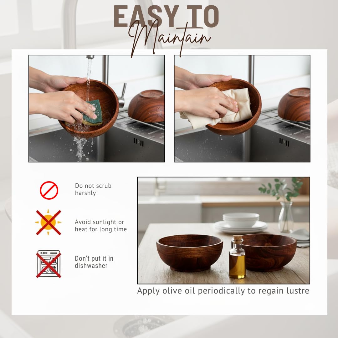 SAAGA Acacia Wood Round Bowl Set of 2 | 5 x 2.25 Inch Natural Wooden Serving Bowls for Soup, Salad, Fruits, Snacks, Dry Fruits, Vegetables & Dessert | Food-Safe Rustic Tableware 3