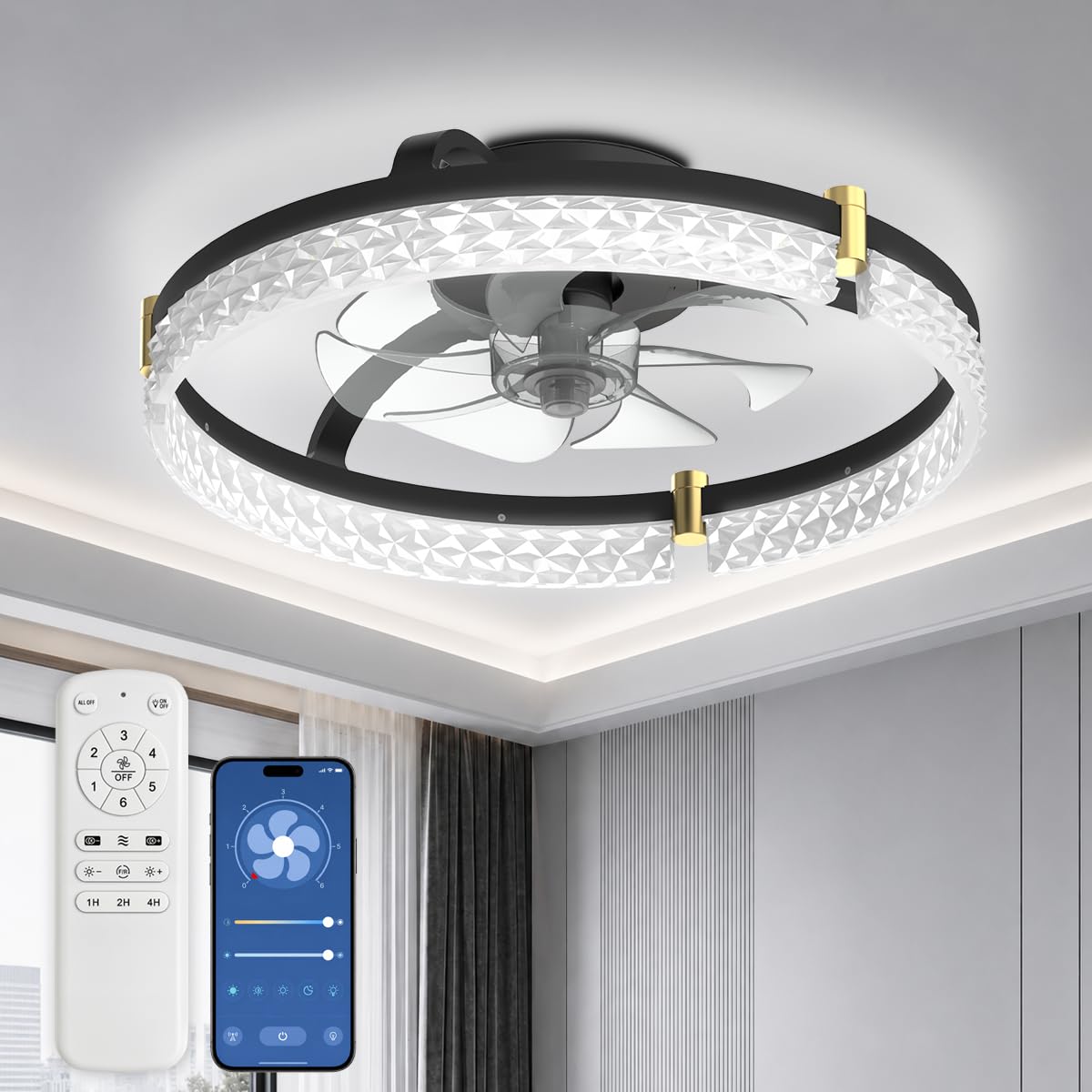 Airwit 48cm Ventilateur de Plafond avec Lumiere Silencieux,Telecommande et App, Moderne Rond Ventilateurs de Plafond avec Lampe Intégrée, Dimmable Ventilateur Plafond Chambre avec Reversible DC Moteur