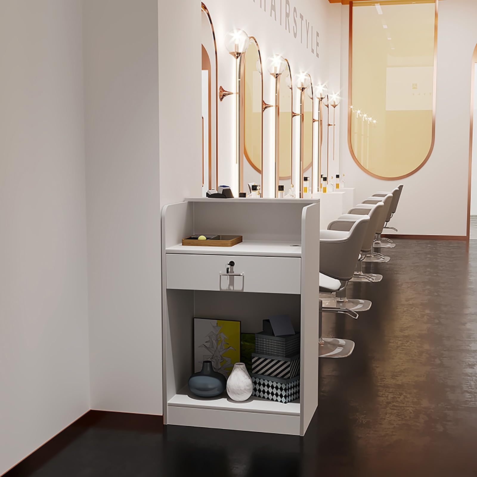 Moderner weißer Empfangstisch mit abschließbarer Schublade, Fronttheke für Einzelhandelsgeschäfte und Büros, vielseitiges Design für Salon und Heimbüro