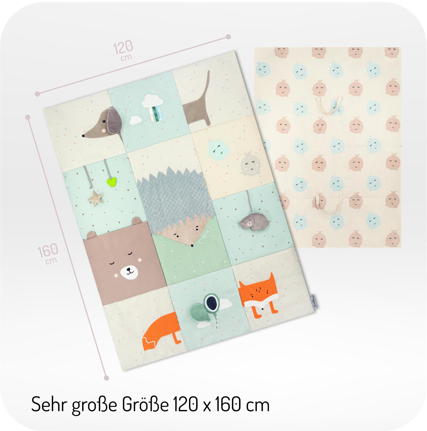 Momi Sensorische Patchwork-Matte VOLPI für Babys und Kleinkinder 120 x 160 cm, Spielmatte und Krabbeldecke für Mädchen und Jungen, faltbar zu einer Tasche mit Tragegriffen