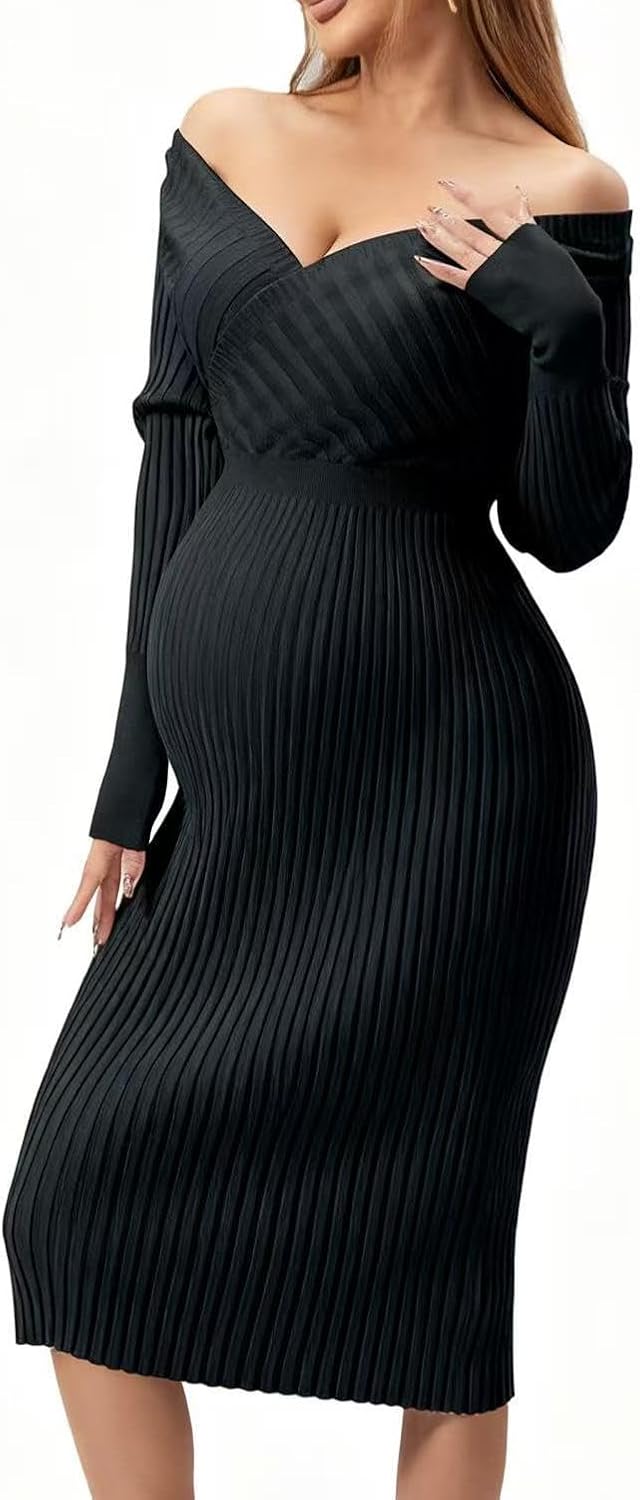 Wrap V Neck Women's Maternity Rib Knit Split Hem Dress, Long Sleeve Bodycon Midi Batwing Open Back Dress