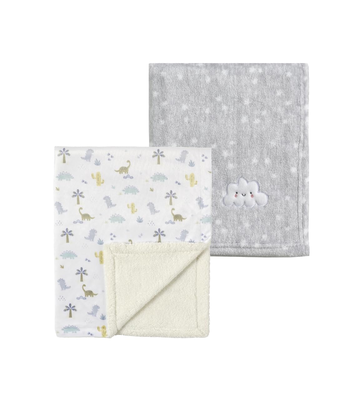 CREVENT 2 Stück 75x100 cm Kuschelige weiche warme Babydecke für Säuglinge und Kleinkinder Kinderbett Bettwagen - Graue Wolke + Nerz Dinosaurier