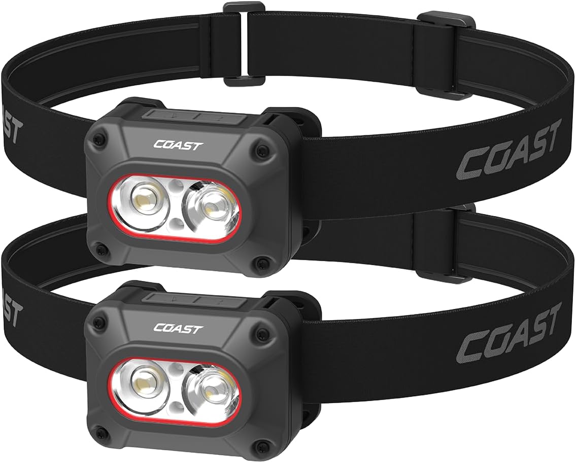 Coast FLX10R 1000 Lumen Waterproof USB-C Rechargeable LED Headlamp, Red & Green Light Modes, Flood & Spot, 2-Pack