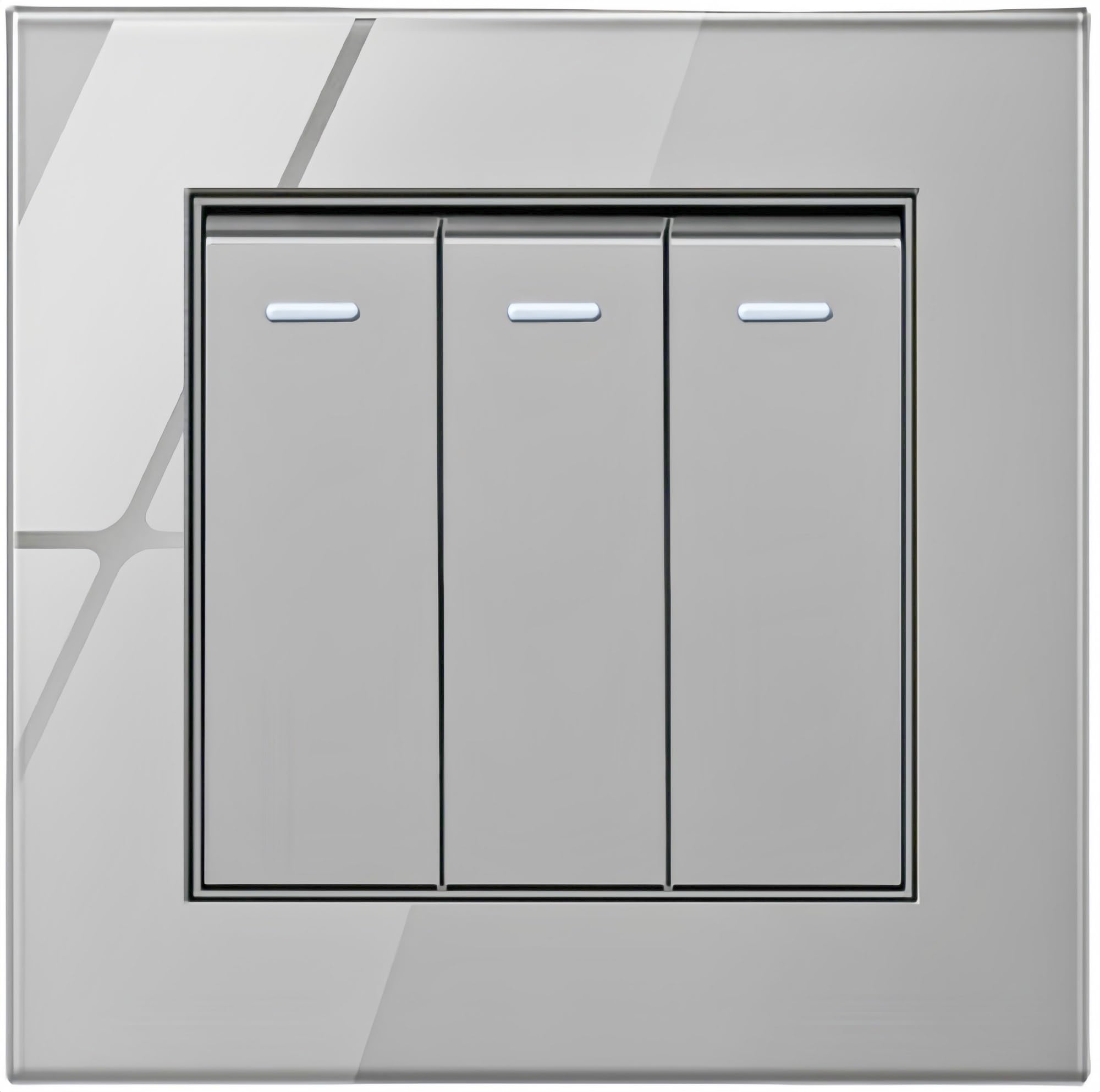 MEI JIABorliya 3 Gang 2 Way Switchs Tempered Gray Glass Panel and push button Light Switches with LED Indicator,UK Standard Wall Power Socket, Artistic Modern Swich soket (C- 3 GANG 2 WAY)