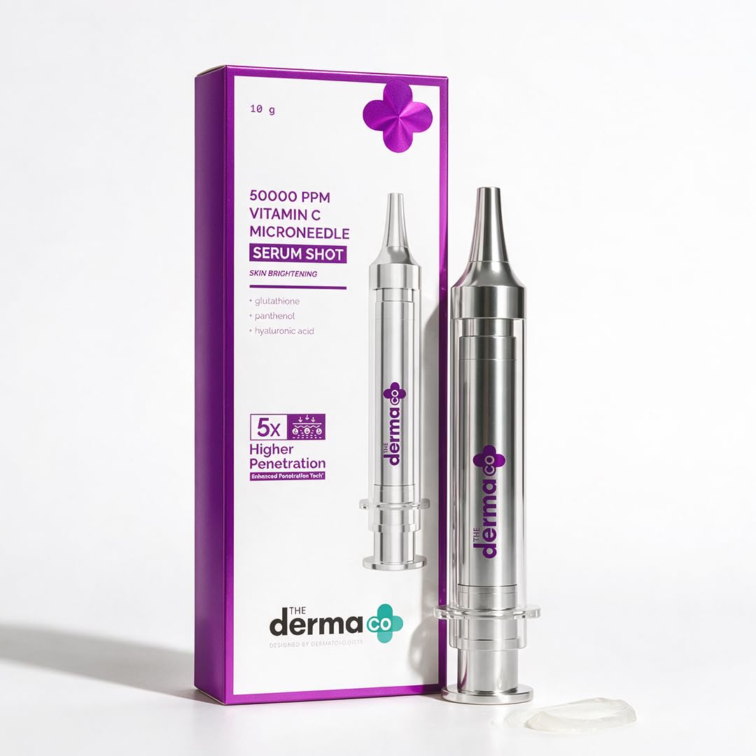 The Derma Co 50000 PPM Vitamin C Microneedle Face Serum Shot | 5x Higher Penetration | For Dull Skin | Boost Collagen & Makes Skin Glow | For Brightening & Radiant Skin | Non Sticky | Glutathione, Panthenol & Hyaluronic - 10g