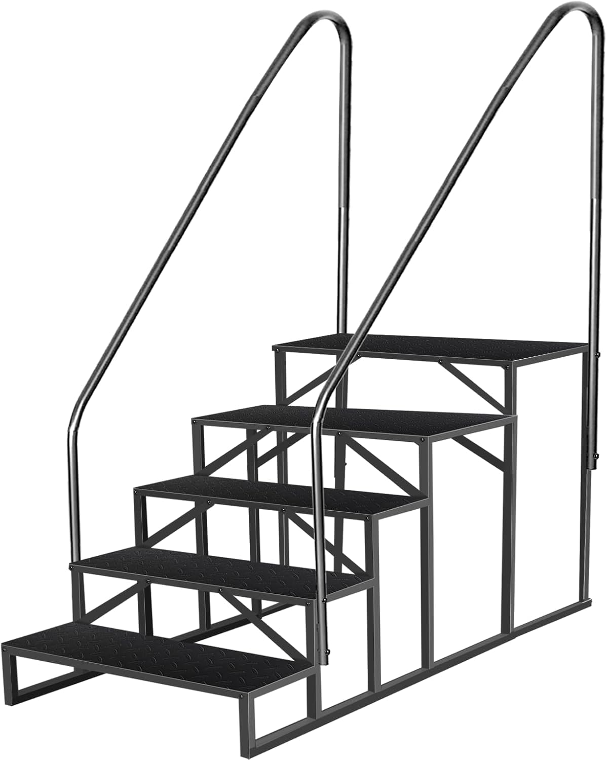 Escalera de Acero Antideslizante Portátil con 5 Ruedas para Caravanas y Piscinas, Doméstica de Exterior con 2 Pasamanos y 5 Peldaños