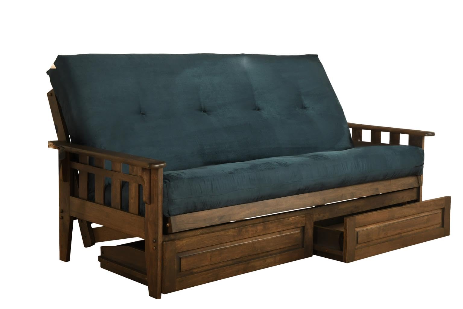 Jerry Sales Tucson Rustic Walnut Frame and Mattress Set with Choice to add Drawers, 8 Inch Innerspring Futon Sofa Bed Full Size Wood (Blue Matt, Frame
