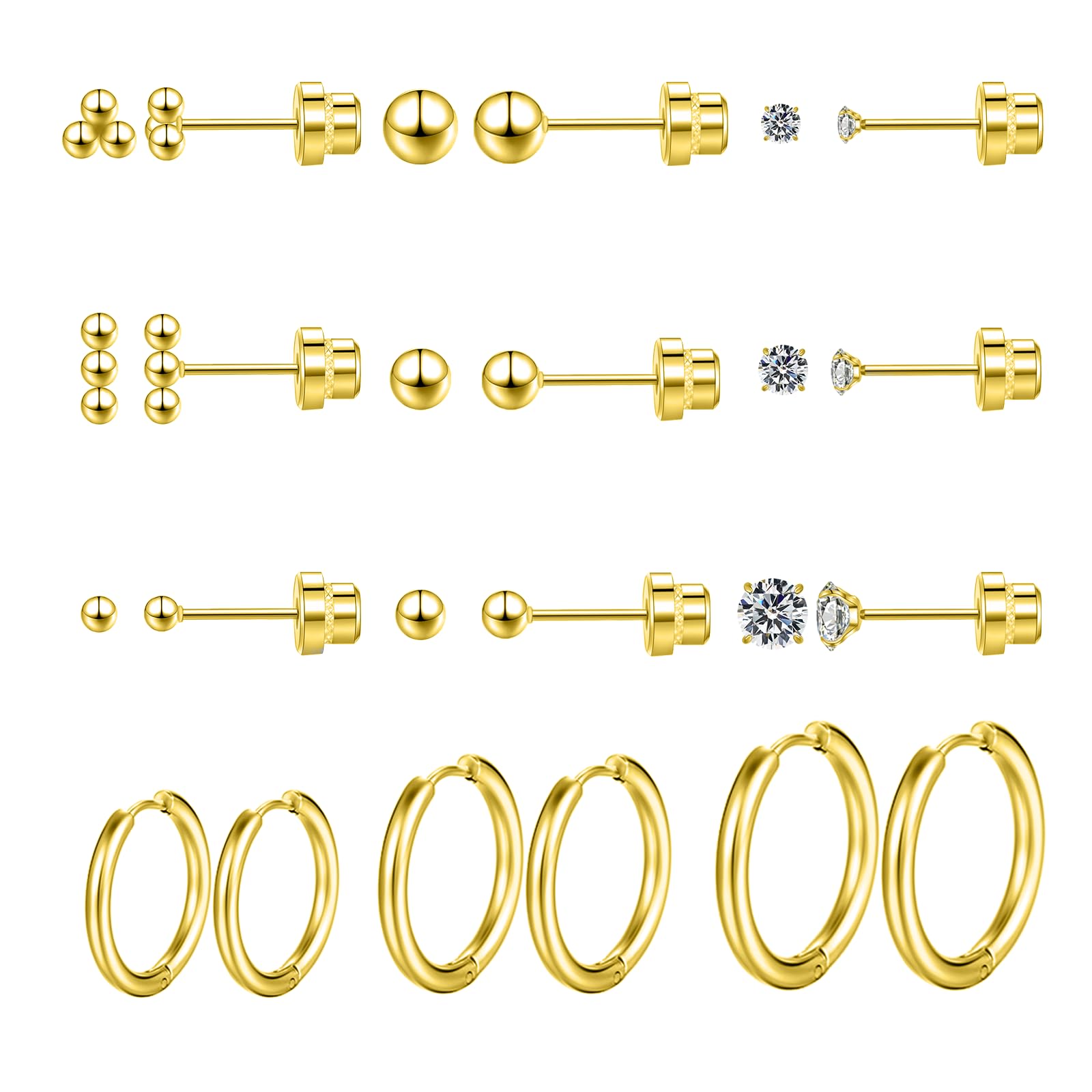 ZQGOFPT 12 Pairs Small Hypoallergenic Flat Back Stud Earrings for Women Men 18K Gold Plated Surgical Stainless Steel Earring Sets for Multiple Piercing