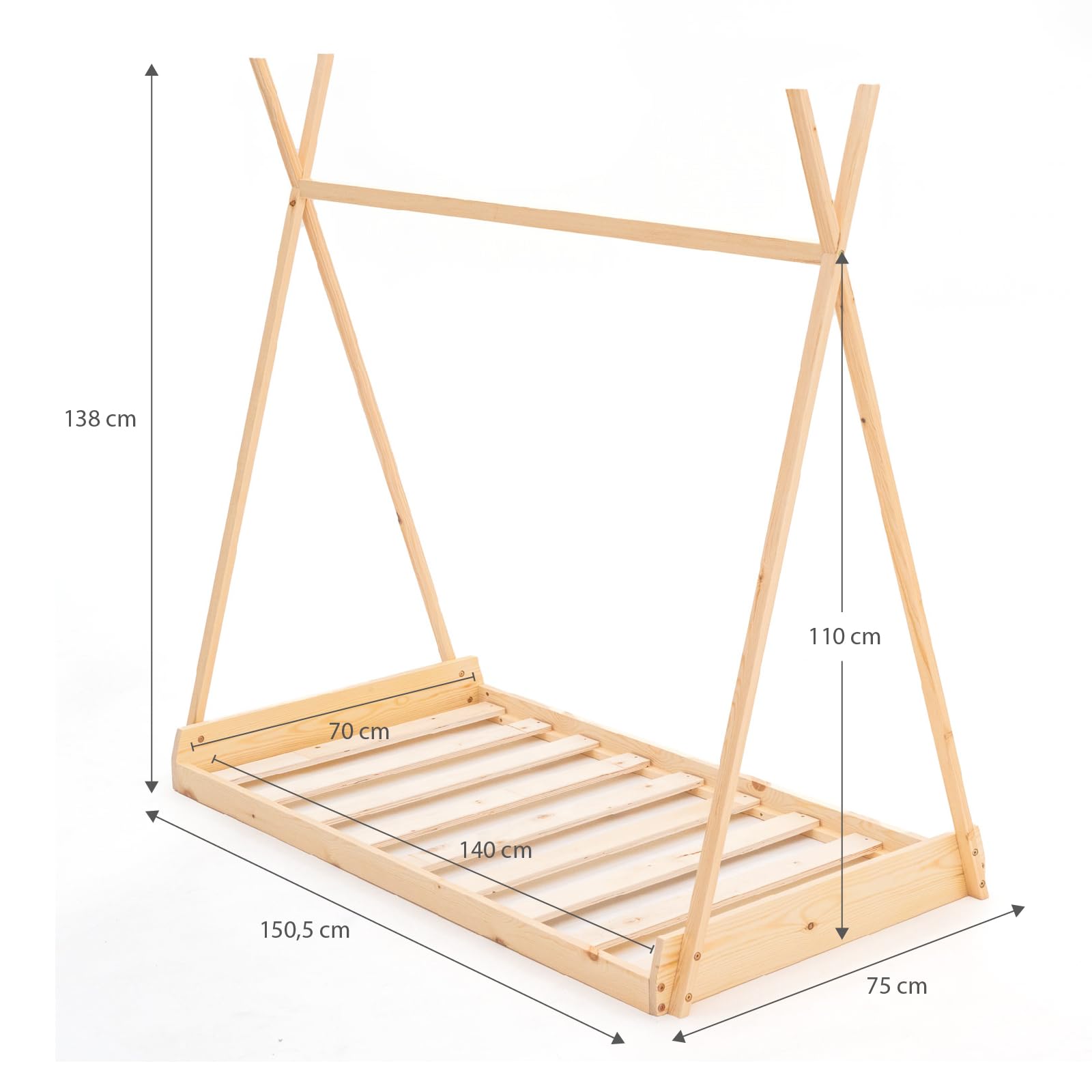 Cama Infantil Tipi Montessori de Madera Ecológica Tipi Dreams 150,5x75x138 cm para Colchón de 140x70 cm Guirnalda LED