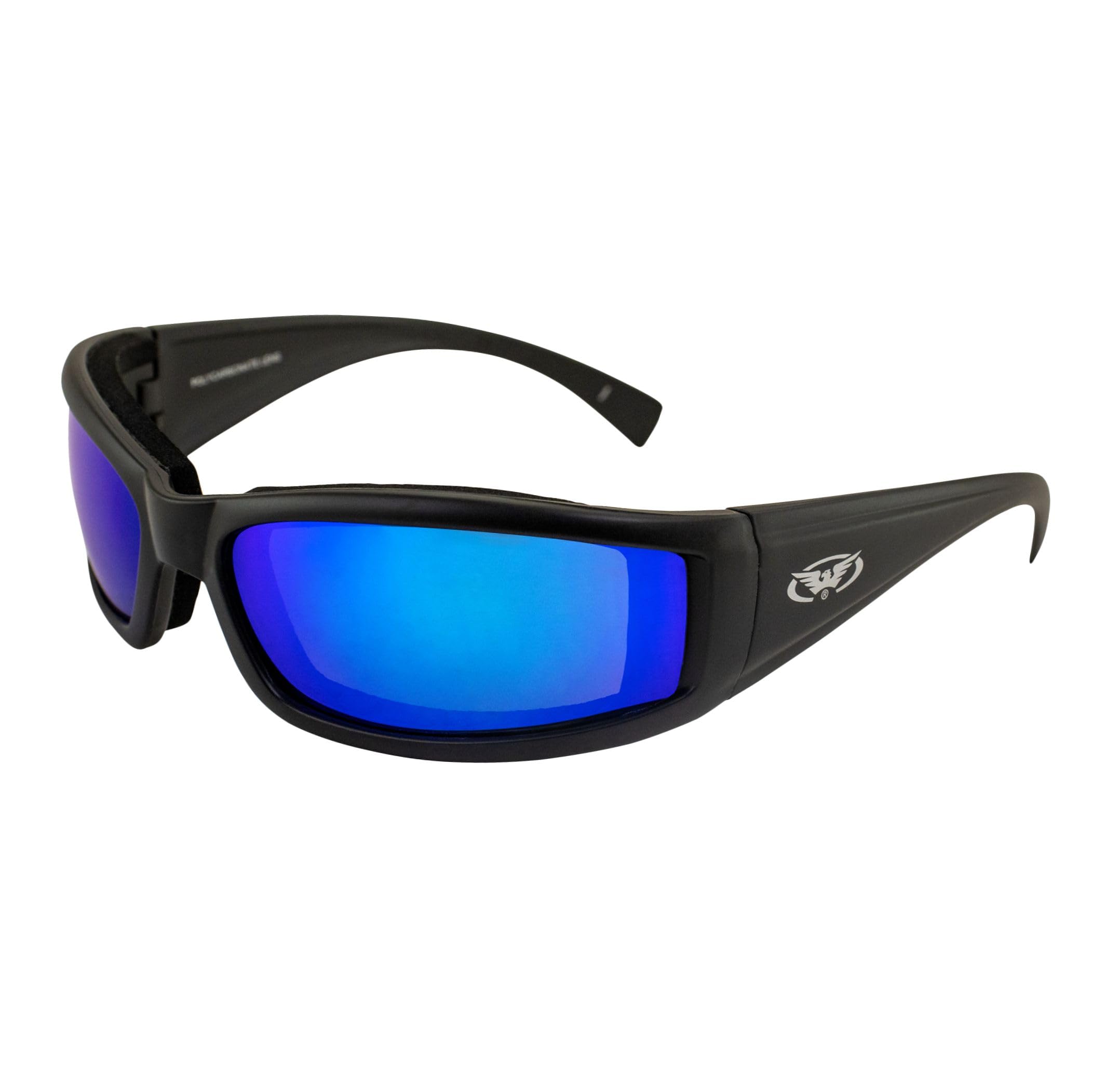 Global Vision Eyewear Stray Cat GT Padded Motorcycle Sunglasses for Men or Women Black Frame w/G-Tech Blue Mirror Lens