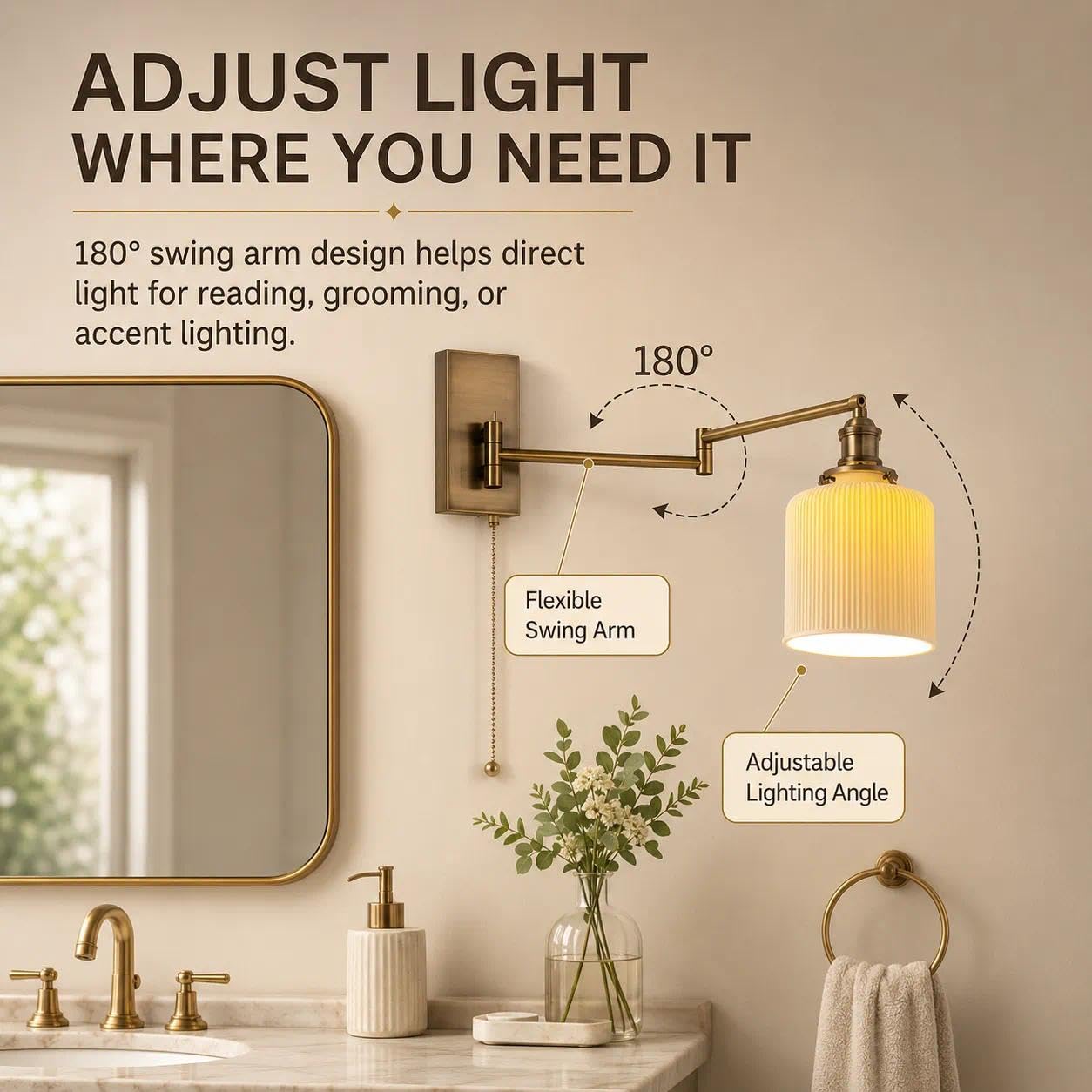 Lampada da parete a catena con braccio oscillante in oro, lampada cablata in vetro lattimo interruttore, applique regolabile in ottone spazzolato for mobile bagno, camera letto, corridoio(QXS-1)