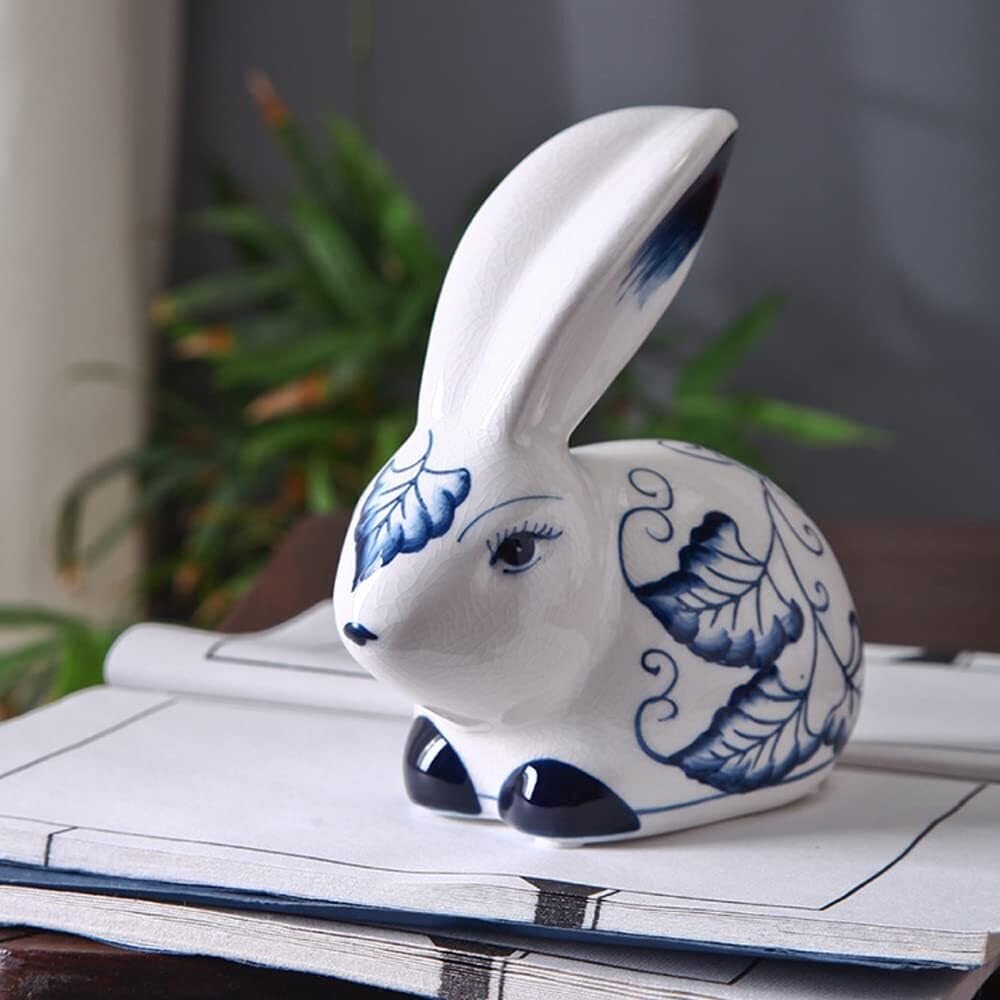 Figurki biurowe Ceramiczne posągi królika Niebieska i biała porcelana Figurki Chinoiserie Akcesoria do dekoracji wnętrz (B)