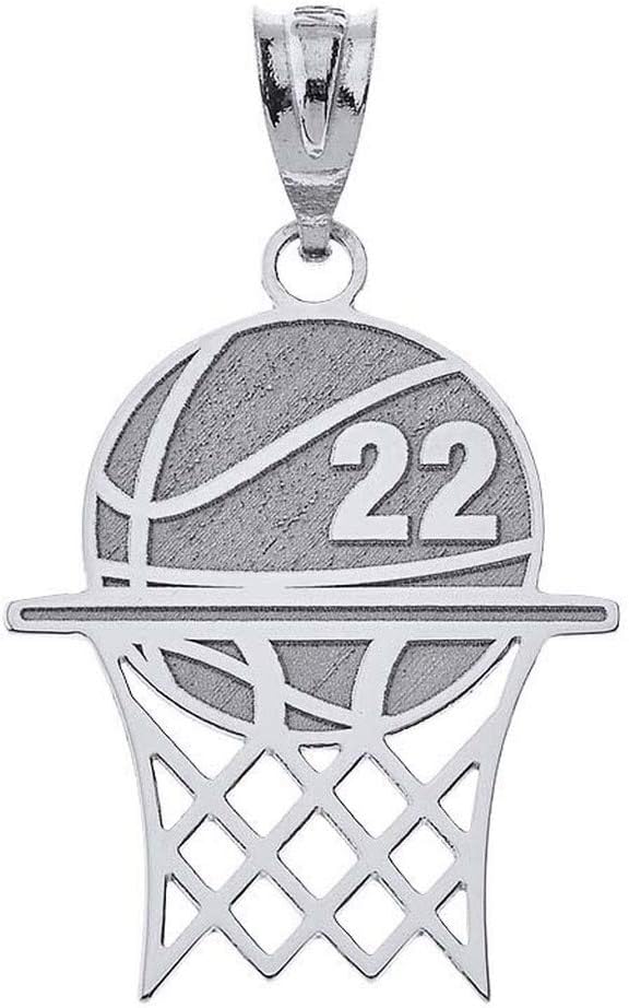 Sports Charm Sterling Silver Personalized Basketball Hoop Pendant Necklace with Your Name and Number - Choice of Pendant Only or Chain Length