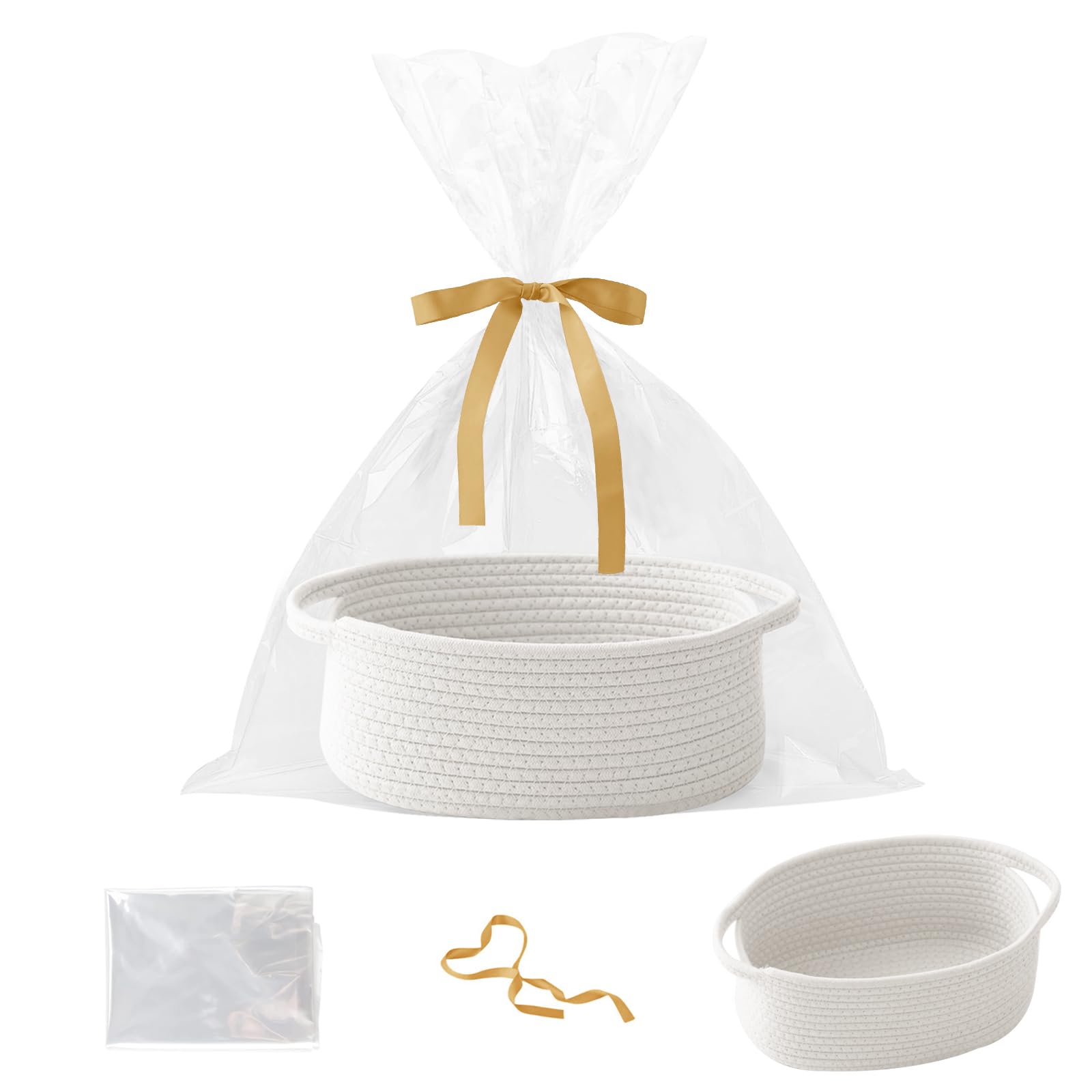 HZFTJOY - Cesta de regalo con bolsa y cintas, cestas pequeñas tejidas con cuerda para regalos, organizador decorativo vacío para cumpleaños, fiestas, gatos, perros y mascotas, con asas, color blanco