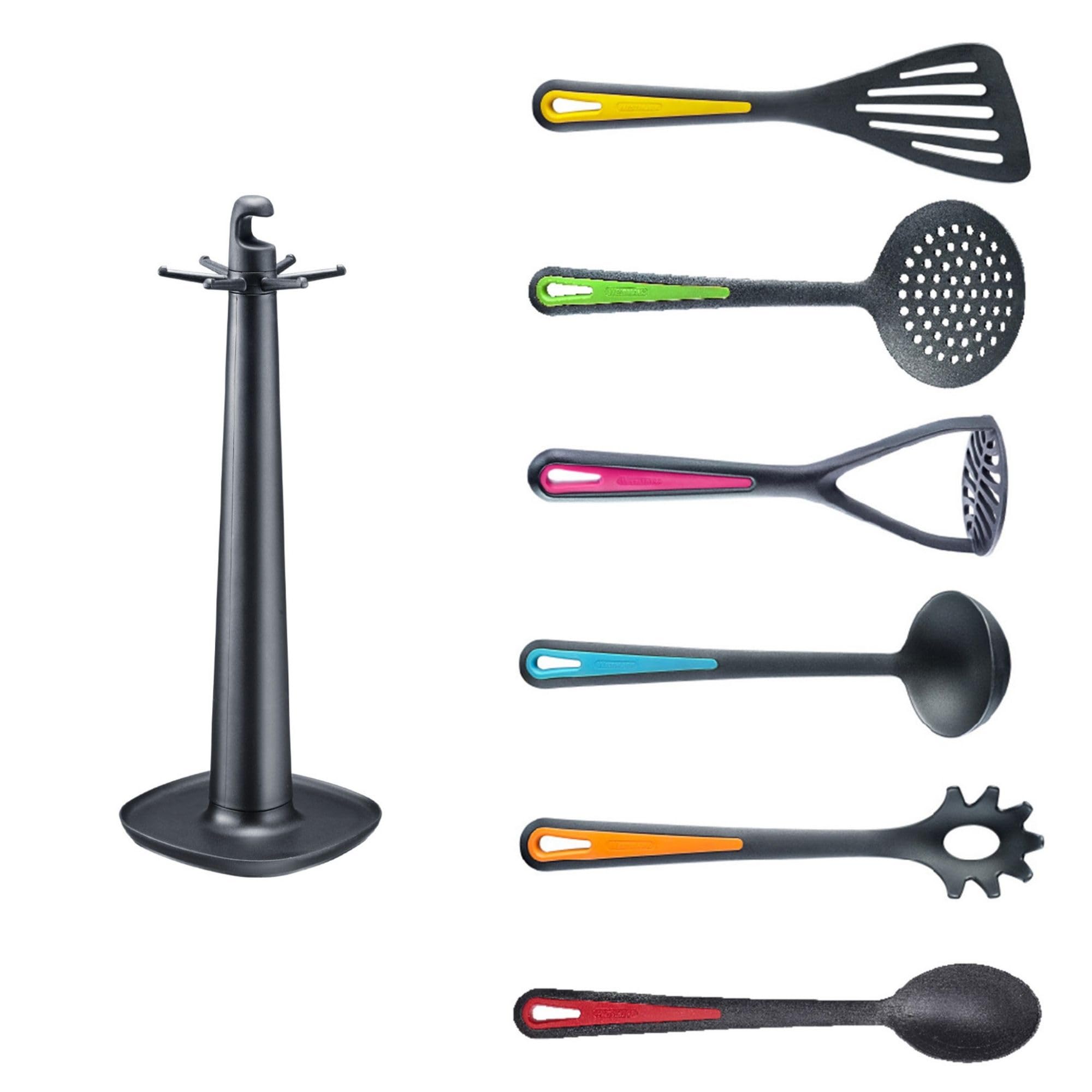 Westmark Ustensiles de Cuisine - Support Rotatif Souple avec Presse-Purée, Cuillère à Friture et Légumes, Cuillère à Spaghetti, Louche, Écumoire et Spatule - Multicolore, 7 Pièces