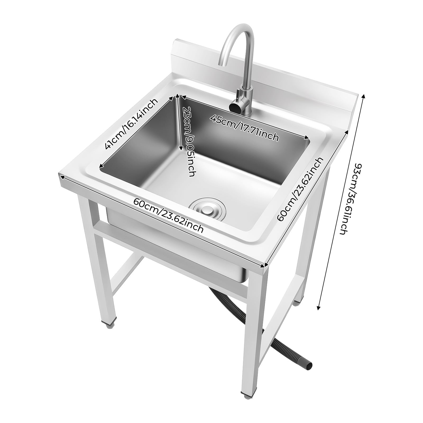 Edelstahl Küchenspüle, 60 × 60 × 93cm Freistehende Spüle mit unterschrank, Wasserfall-Spülbecken mit 360° Drehbarer Wasserhahn und Wabenförmiger Sprudler, Mobiles Waschbecken für Außen, Innen, Küche