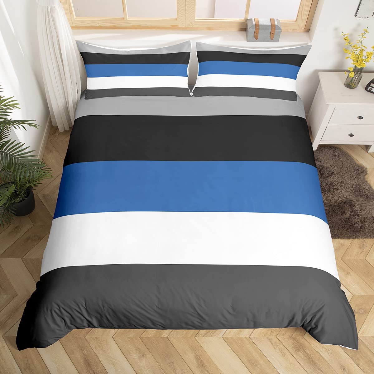 Loussiesd Kids Geometric Abstract Bedding Set Grey Blue Stripes Lines Duvet Cover for Kids Women Men Bedroom Modern Square Decor Comforter Cover Set Decor Single Size Bedding Collection 2Pcs