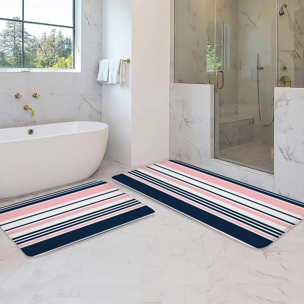 2 Pcs Navy Blue and Pink Striped Bath Mat Bathroom Rug Vertical Stripe Minimalist Modern Vintage Classic Memory Foam Soft Floor Rug, 24"x35"and 17.8"x29.5"