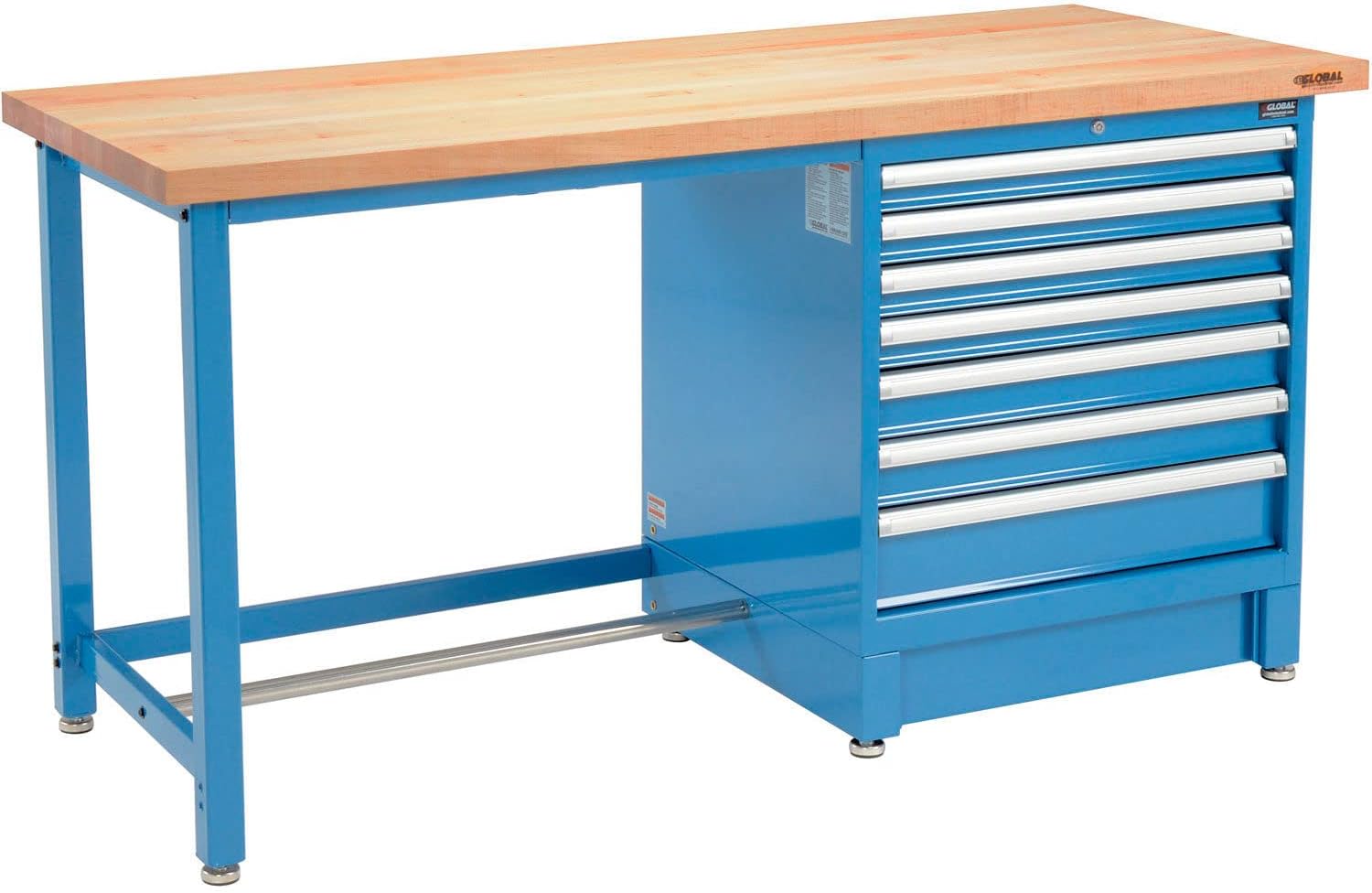 Global Industrial 72Wx30D Modular Workbench, 7 Drawers, Maple Butcher Block Square Edge, Blue