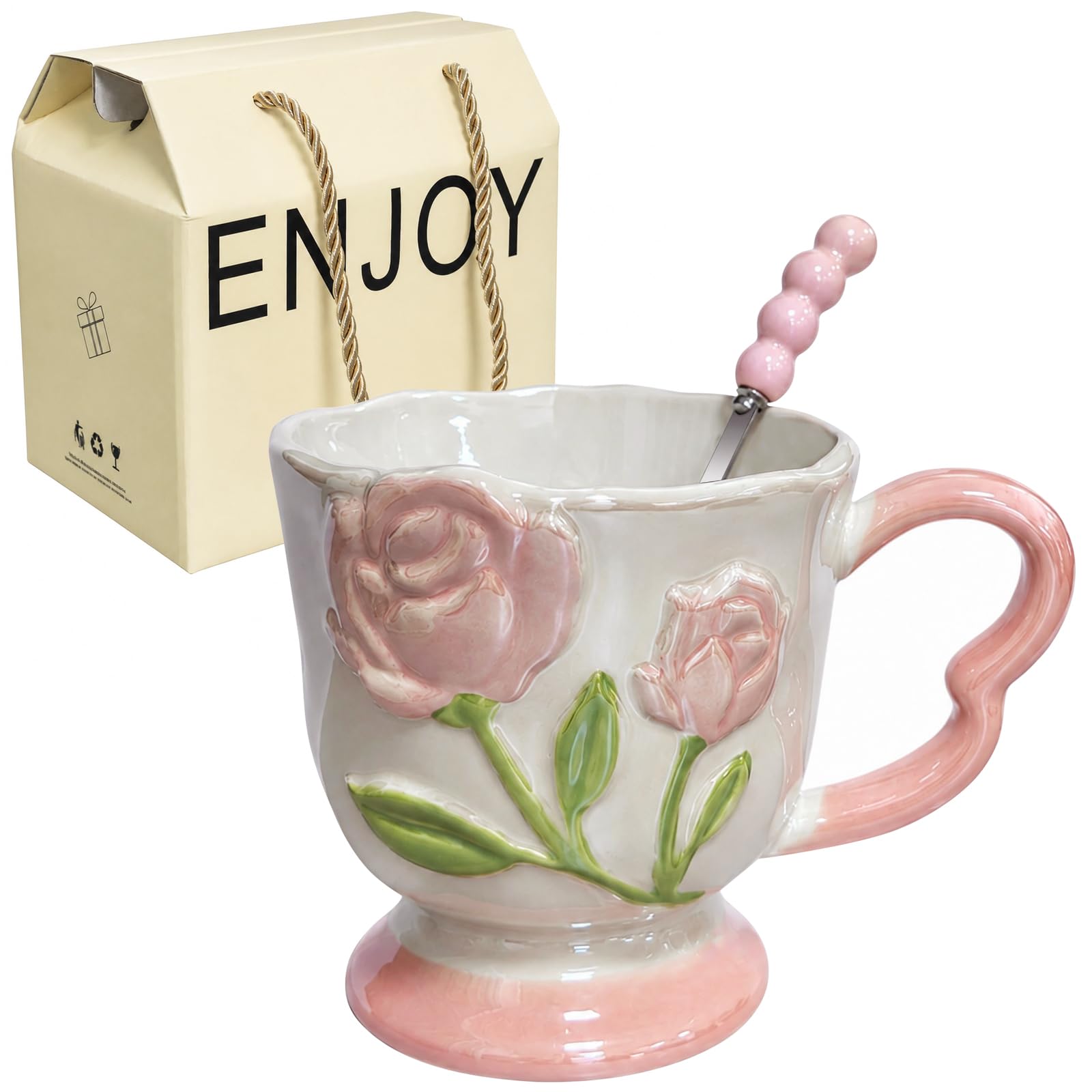 tazoueoo Cute Coffee Mug with Spoon and Gift Bag - 3D Rose Ceramic Tea Cup, Elegant Coffee Mugs for Women, Floral Mugs for Home Office, Pink