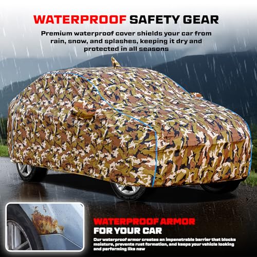 Image of Tata Altroz 100% Waterproof Car Cover for All Weather Protection with Mirror & Antena Pocket Inner Cotton Triple Stitched Cover with Adjustable Belt Bottom Elastic to Secure Fit -Jungle