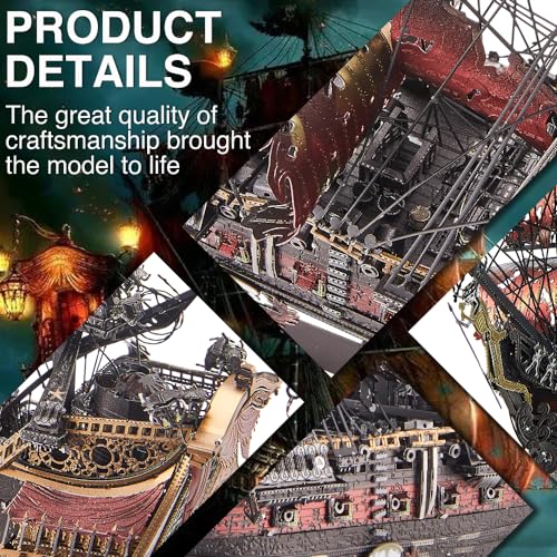 Image of Piececool 3D Metal Puzzles for Adults, Red Queen Anne's Revenge Pirate Ship Model Kits, 3D Watercraft Model Building Kit, DIY Craft Kits Difficult 3D Puzzles for Family Time