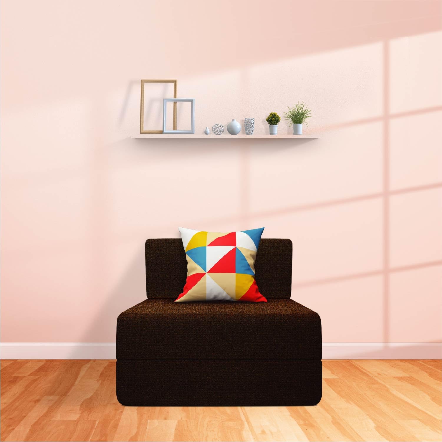 Starlon 1 Seater Sofa Cum Bed | Foldable Sofacum Bed | Jute Fabric Washable Cover (Coffee with 1 Cushion Geometrical Pattern, 3x6 Ft)