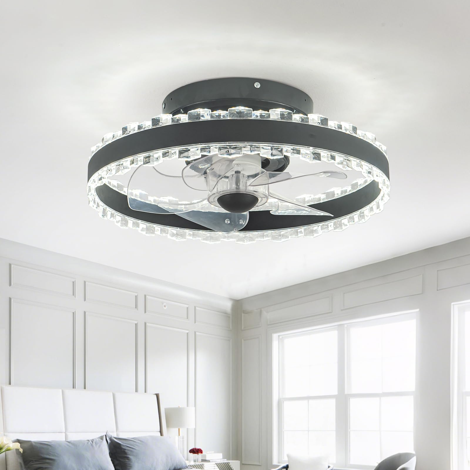 SXDMOUBK 40cm F Mount Ceiling Fan with Remote Control Silent Low Profile 6-Speed Timer Dimmable Memory Funct Reversible for Year-Round Comfort Ideal for Bedroom