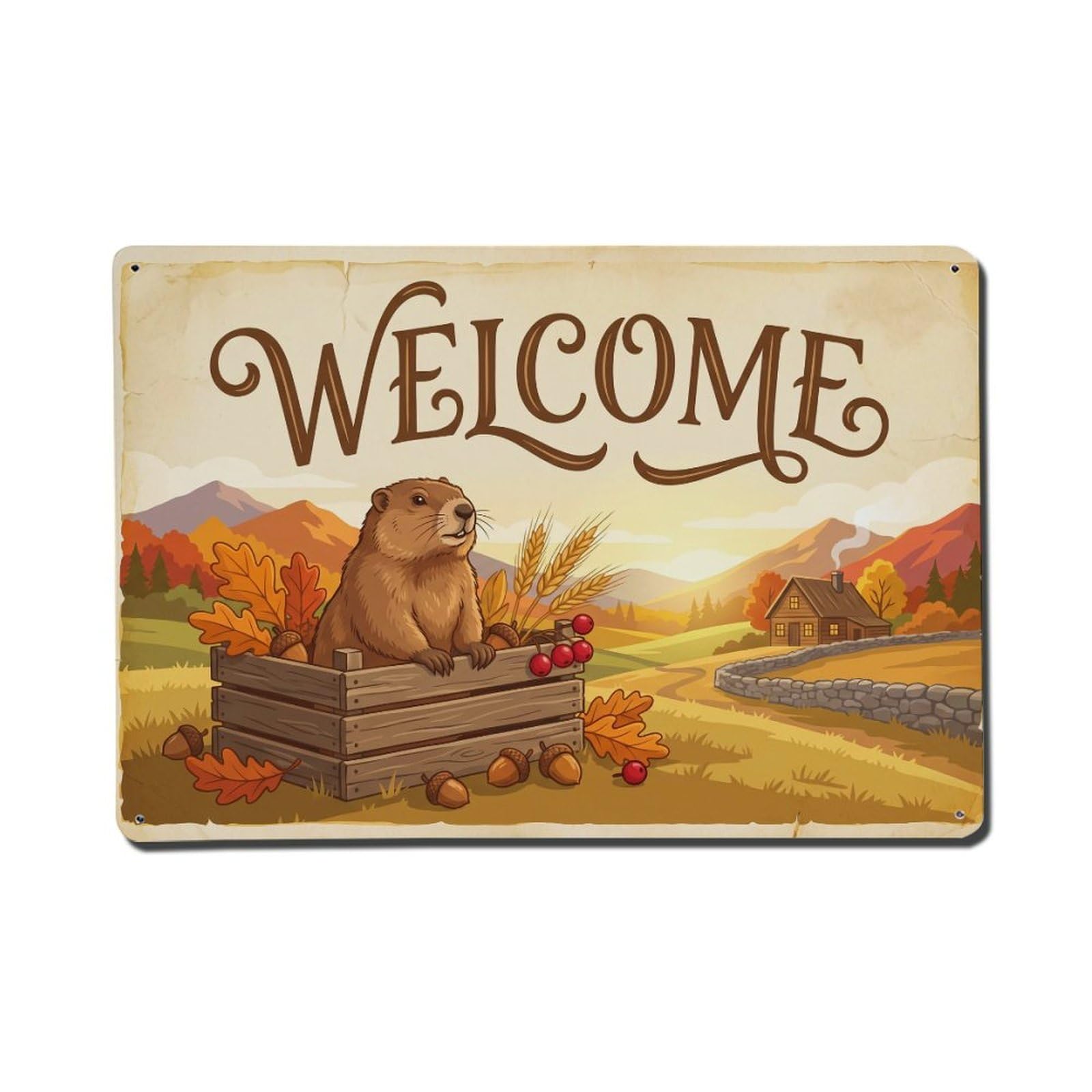Vintage Welcome Marmot Country Living Metal Tin Sign
