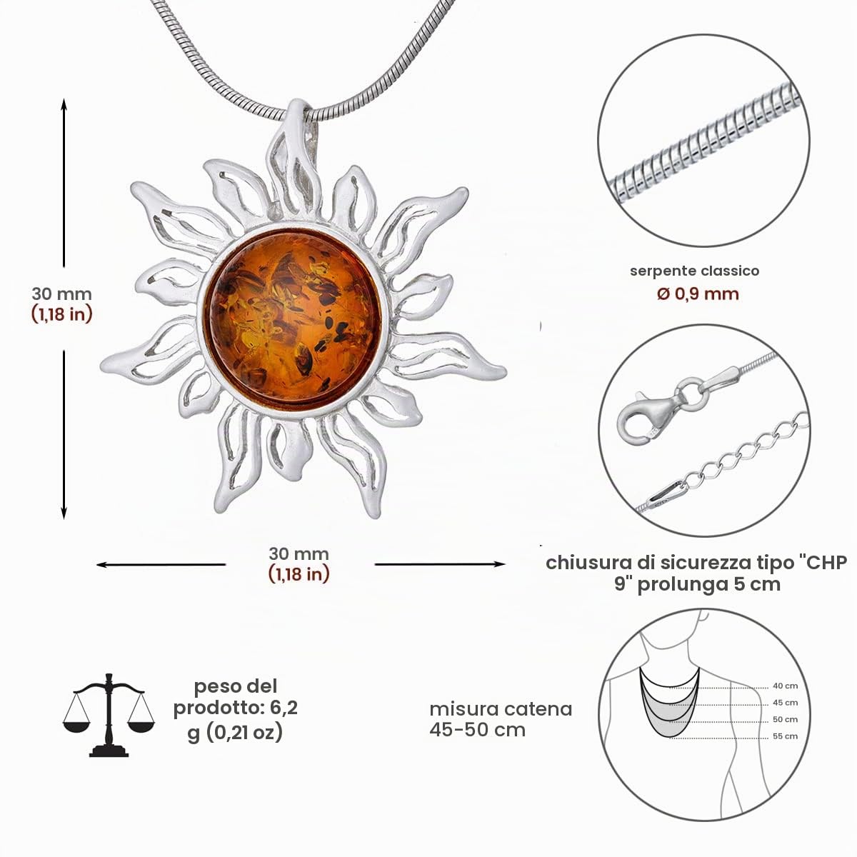collana d'ambra da donna, argento 925, ciondolo a forma di sole d'ambra su catenina, set pronto da regalare