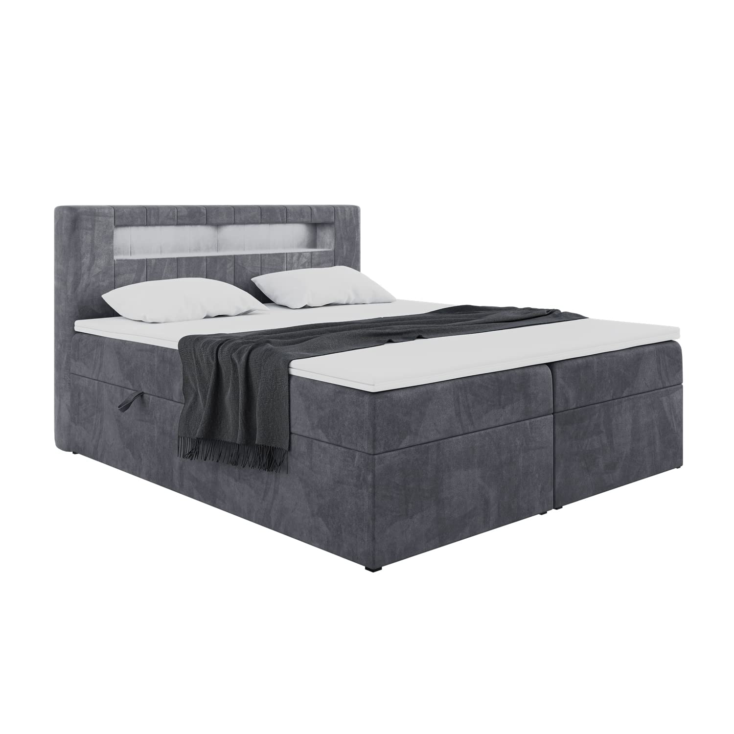 MEBLINI Boxspringbett mit Bettkasten - Bett mit LED Kopfteil - Gepolstert Doppelbett mit Matratze und Topper - Polsterbett mit Stauraum - Stauraumbett - ASPIN - 160x200 - H4/Dunkelgrau Samt